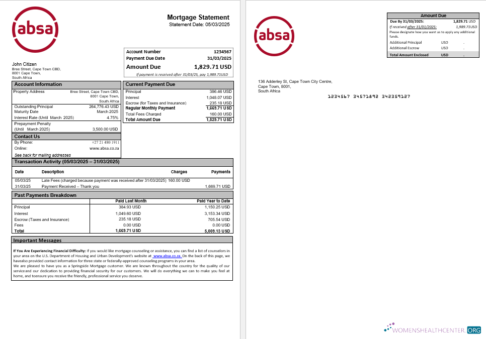 Download South Africa ABSA bank mortgage statement in Word and PDF formats Photoshop template